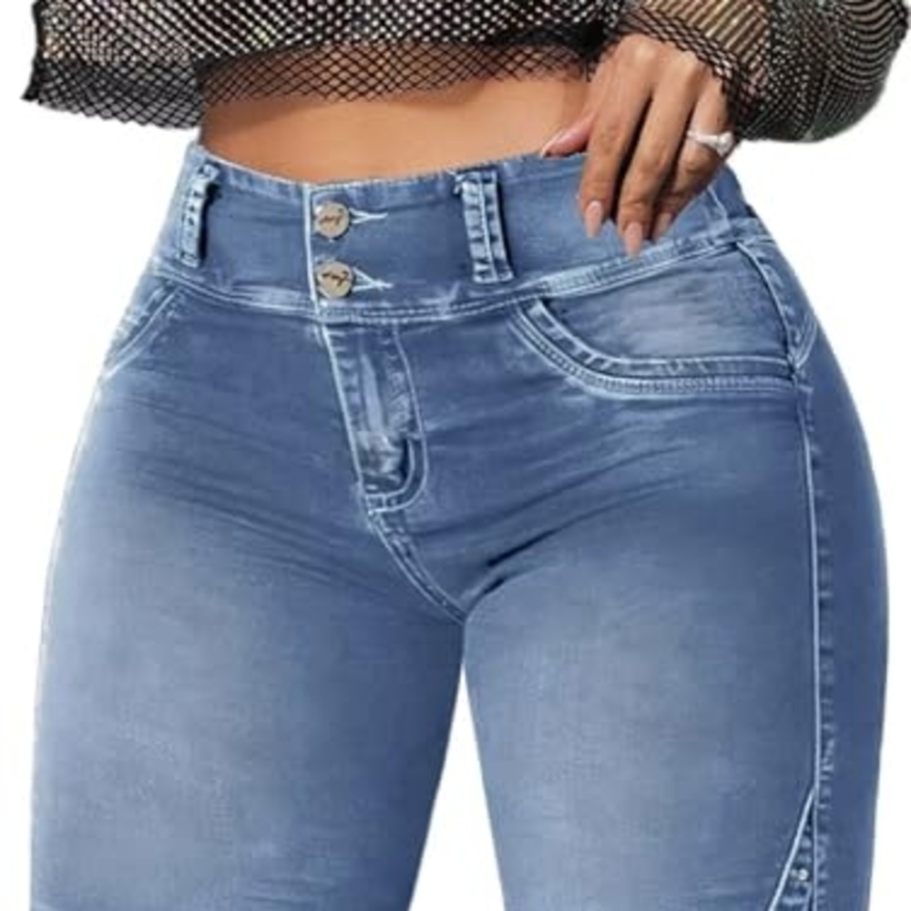 High Rise Blue Jeans with Distressed Details